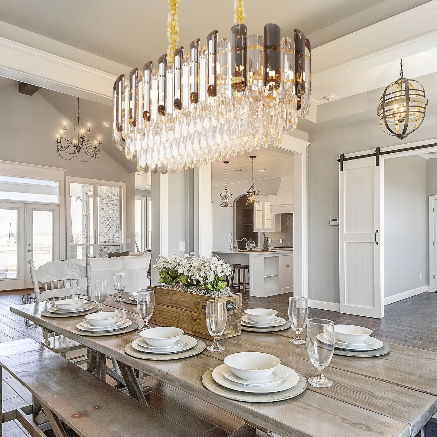 Vrygle Modern Crystal Chandeliers ,6-Light Crystal Rectangle Chandeliers, Dining Room Light Mount for Living Room Kitchen，room