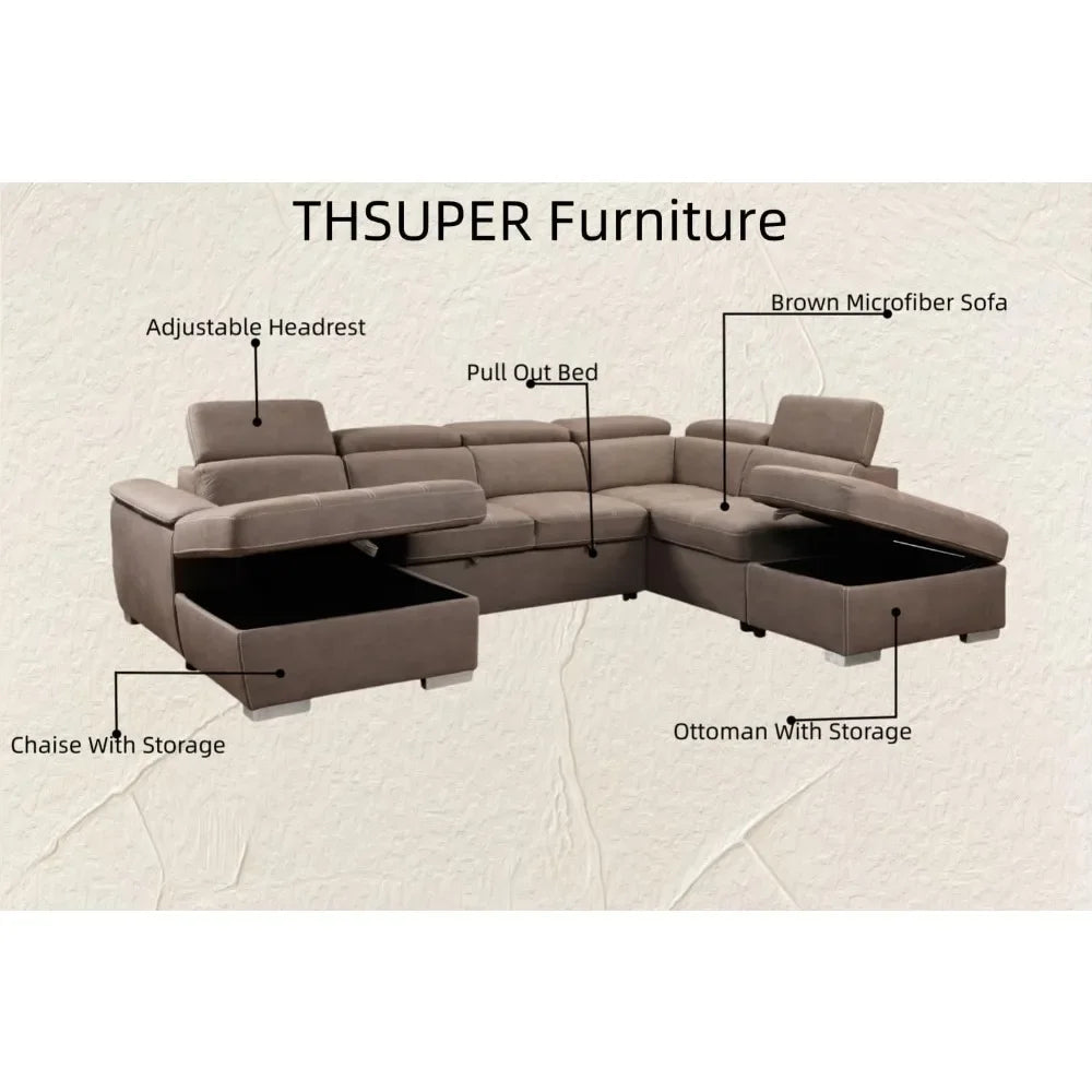 Wohnzimmer Sofas,U-Shaped Sectional Sofa with Pull-Out Bed, Adjustable Headrests, and Storage Chaise, U-Shaped Sectional Sofa