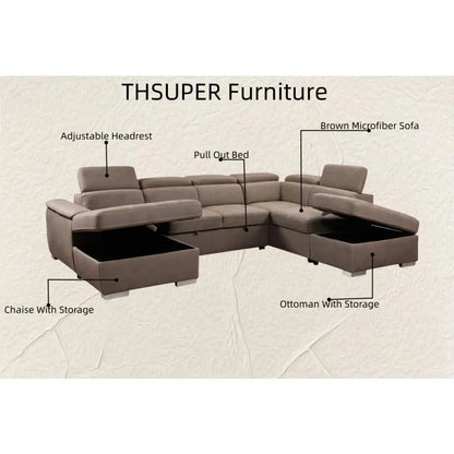 Wohnzimmer Sofas,U-Shaped Sectional Sofa with Pull-Out Bed, Adjustable Headrests, and Storage Chaise, U-Shaped Sectional Sofa