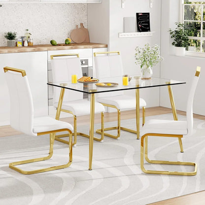 Glass Dining Table Set for 4,5 Piece Dining Table and Chairs Set，Modern Kitchen Dining Room Table with 4 Black PU Leather