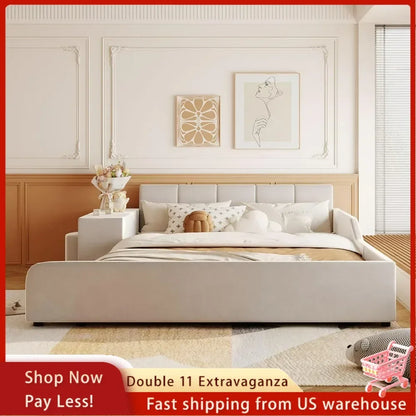 Queen Size Upholstered Grounded Bed with Bedside Desk and Stool,Upholstered Headboard,Grounded Upholstered Wood Base Bed Frame