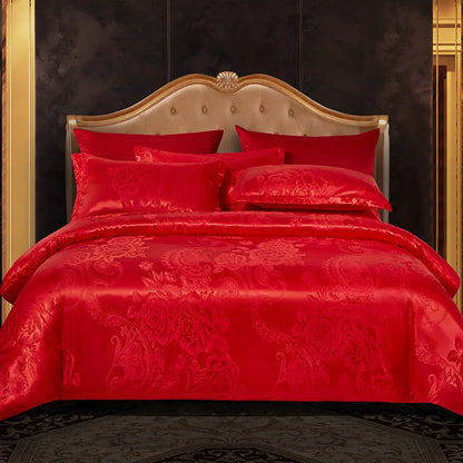 Floral Jacquard Satin Duvet Cover Set Queen 3 Piece Luxury Silk Like Bedding Comforter Covers with Zipper Closure & Corner Ties