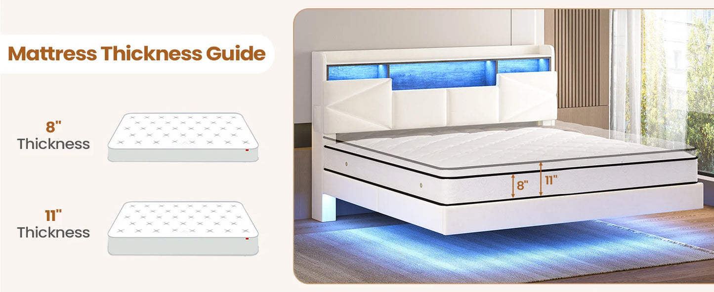 Bed Frame, with Storage Headboard and Power Outlet, Floating Platform Bed with LED Lights, Wood Slats Support, Bedroom Bed