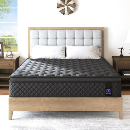 Queen Mattress,14 Inch Hybrid Mattress Black,Euro Top Mattress Medium Firm for Back & Lumbar Support,100 Night Trial, Individual