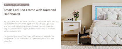 Queen Bed Frame with LED Lights, Upholstered Bed Frame with 4 Storage Drawers, Princess Platform Bed with Diamond Headboard