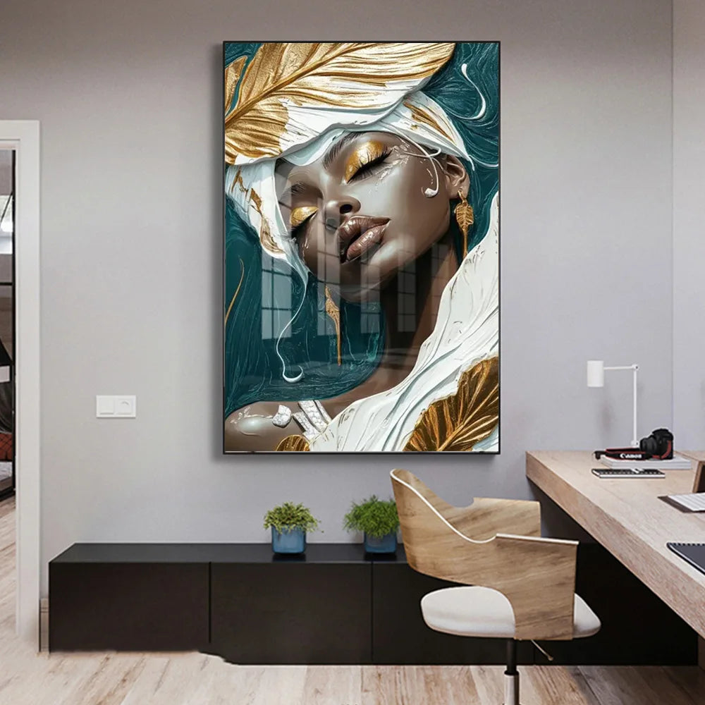 Elegant African Black Woman Wall Art Posters Print Luxury Gold Lip Gloss Gold Foil Turban Canvas Painting Living Room Home Decor