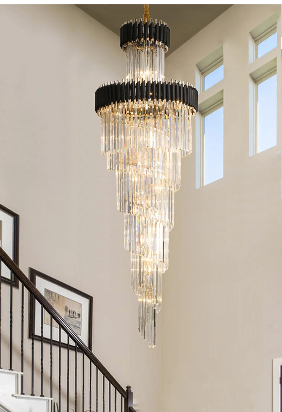 Large Top Long Crystal Led Chandeliers Hotel Hall Living Room Luxury Multi-layer Staircase Lighting Black Stainless Steel Light