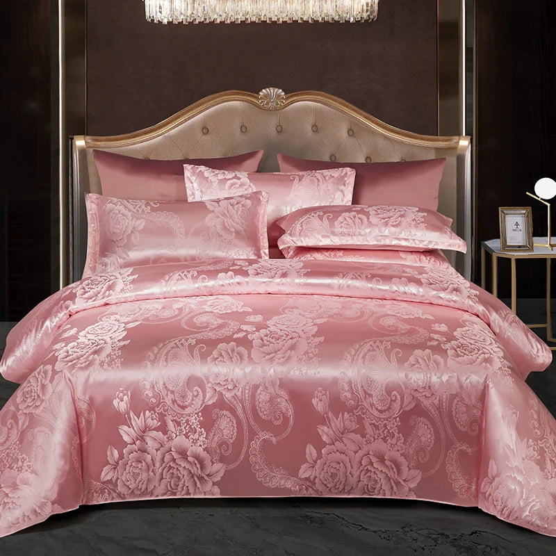 Floral Jacquard Satin Duvet Cover Set Queen 3 Piece Luxury Silk Like Bedding Comforter Covers with Zipper Closure & Corner Ties