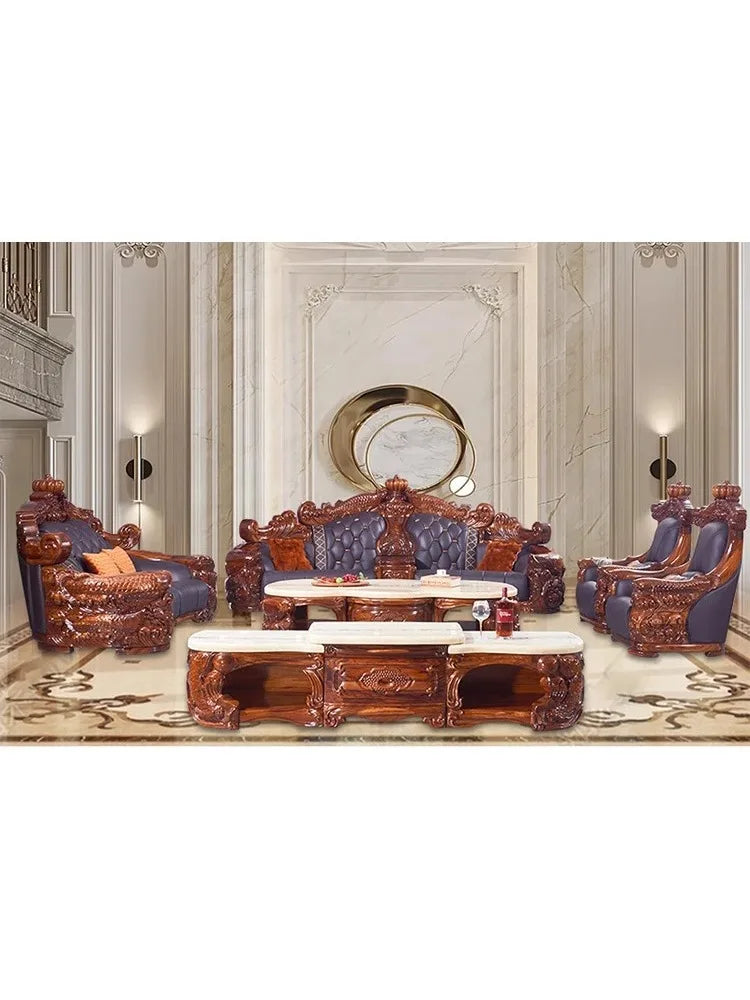 Ebony sofa leather combination, living room villa luxury solid wood furniture