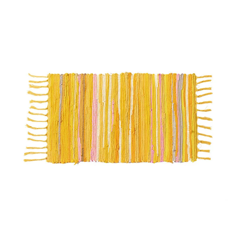 Cotton Tassel Carpet Rug Handmade Bedroom Rug Bedside Floor Mat Entrance Doormat Stripe Kitchen Mat Machine Washable Bath Rug