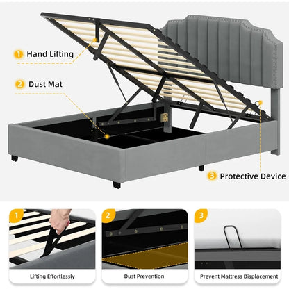 Queen size elevated storage bed frame with adjustable upholstered platform headboard, sturdy wood slats and metal base support