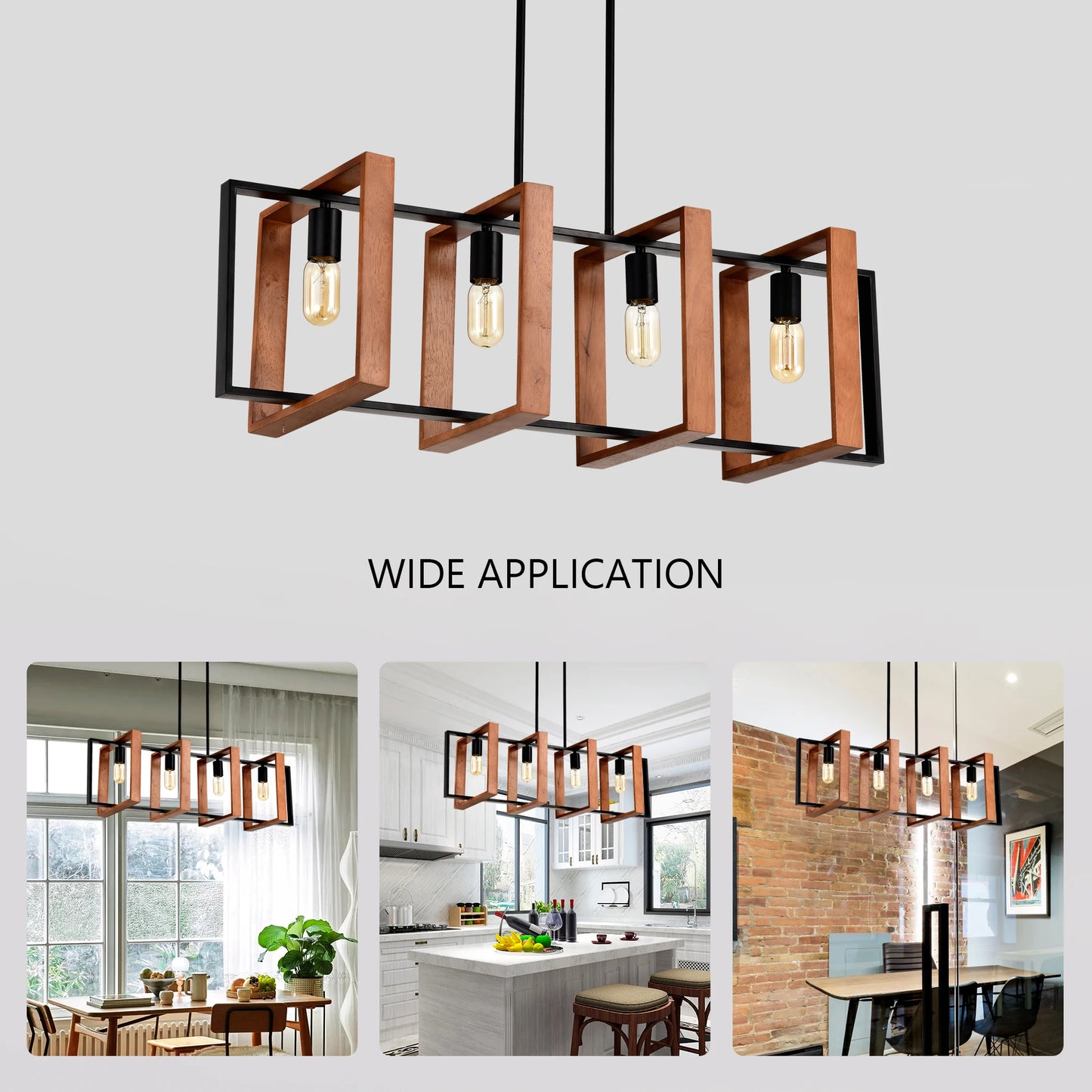 4-Light Kitchen Island Lights Pendant Light Farmhouse Dining Room Light Fixture, Rustic Wood and Black Metal Rectangular Chandel