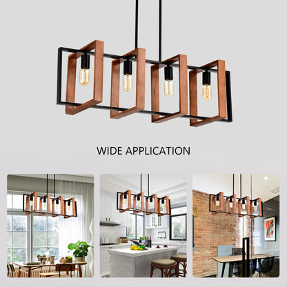 4-Light Kitchen Island Lights Pendant Light Farmhouse Dining Room Light Fixture, Rustic Wood and Black Metal Rectangular Chandel