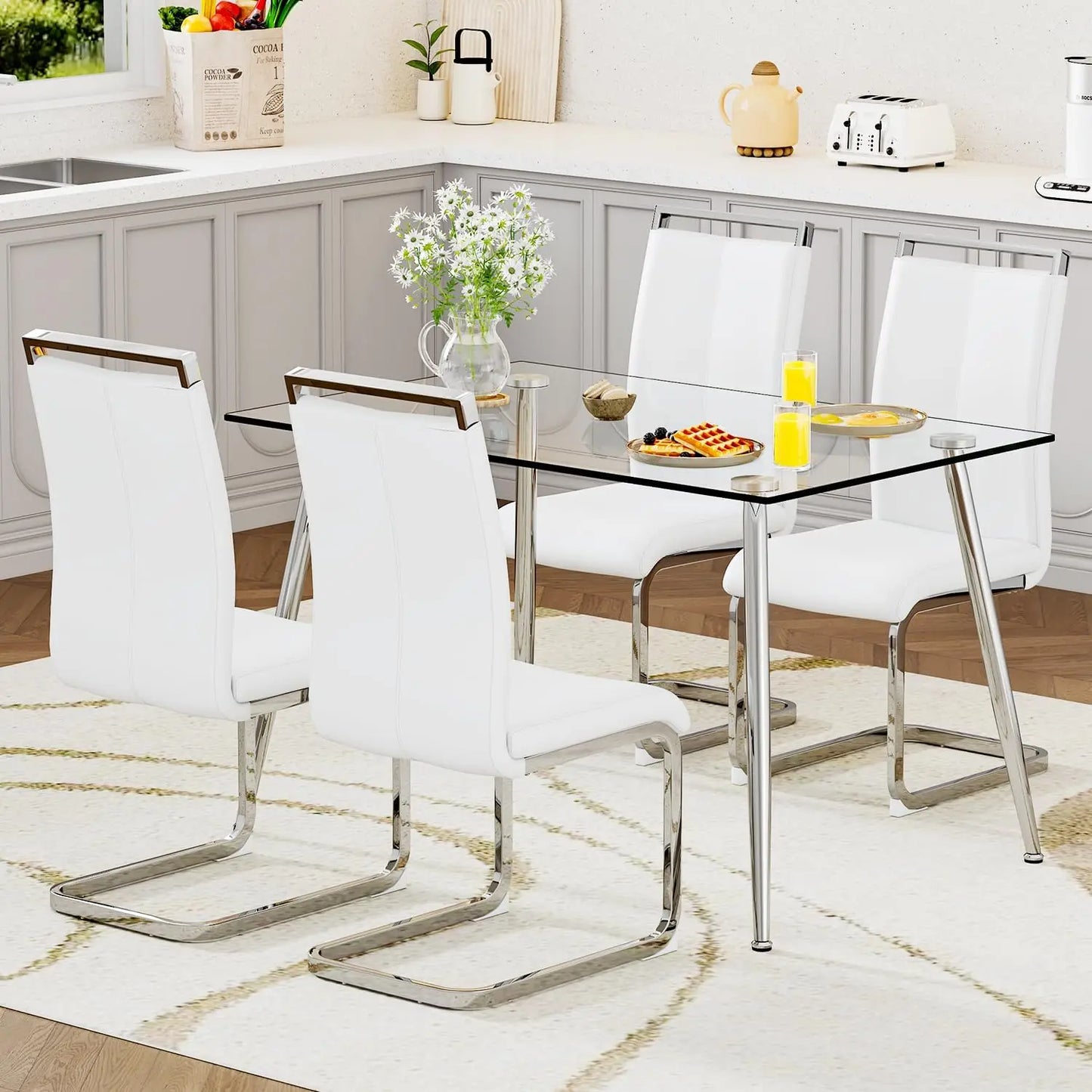 Glass Dining Table Set for 4,5 Piece Dining Table and Chairs Set，Modern Kitchen Dining Room Table with 4 Black PU Leather