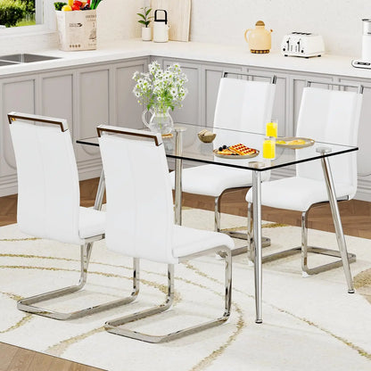 Glass Dining Table Set for 4,5 Piece Dining Table and Chairs Set，Modern Kitchen Dining Room Table with 4 Black PU Leather