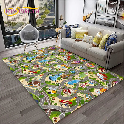Child Playmat Traffic Highway City Playroom Carpet Rug for Home Living Room Bedroom Doormat Decor, Area Rug Non-slip Floor Mat