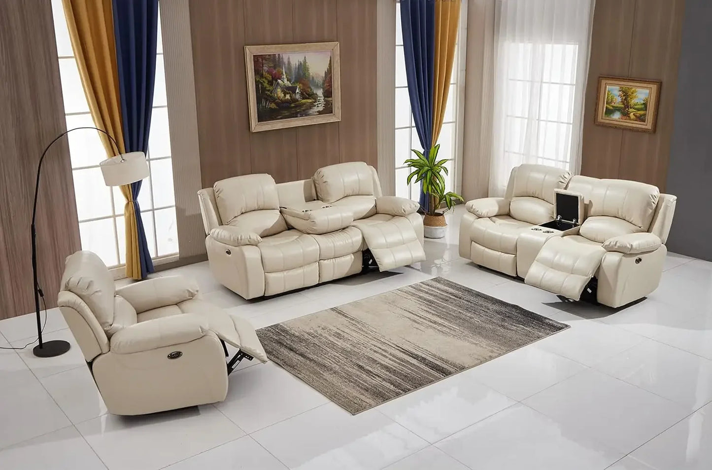 Power Reclining Bonded Leather Living Room Set Beige Sofa Loveseat Chair Easy Assembly Split Back Design