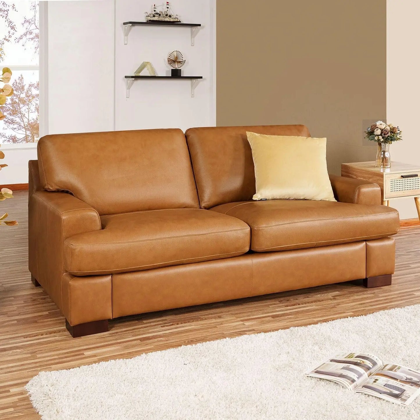 Genuine Leather Sofa - Set of 3 Luxurious Comfort, Goose Feather Cushion Filling, Square Arm Design, Sturdy Block Legs