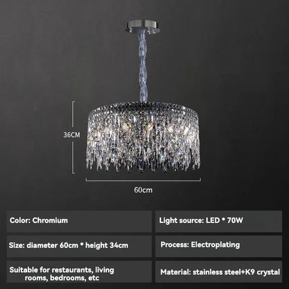 Italy Designer Luxury Chrome Chandelier K9 Crystal for Dining Room Hotel Hall Villa Bar Round Long  Hanging Light Fixture Decor