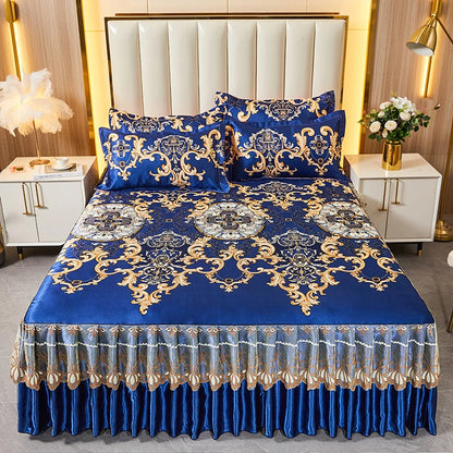 3pcs Set Luxury Classic Floral Bed Skirt with Pillowcase, Ice Silk Flower Print Bedding Set for Dorm, Bedroom, Guest Room Decor