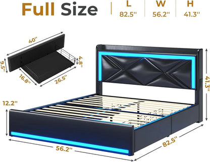 Bed Frame with Storage Headboard & 4 Drawers, Upholstered LED Bed Frame with Charging Station, Pu Leather Platform