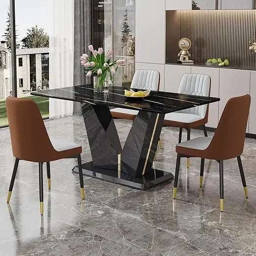 Marble Dining Table Set,Modern Dinings TablewithMDF Base Dinings Room Table and 4 Upholstered Metal Leg Chairs,Dining Room Sets