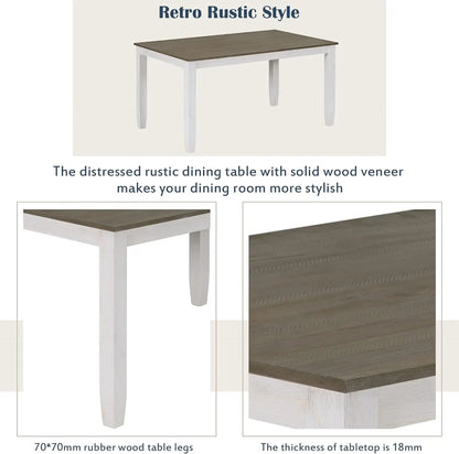 6 Pieces Dining Table Set with Bench, Rectangle Dining Table with 4 Upholstered Chairs & A Bench, Rubber Wood Dining Table Set