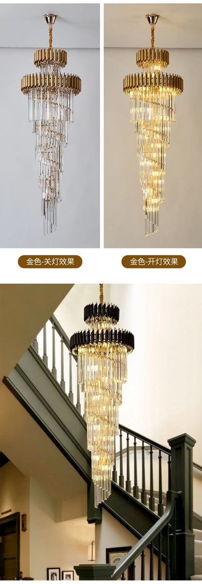 Post modern chandeliers, gold light luxury staircase lights, villa lights, black crystal lights, corner staircase 3-meter long l