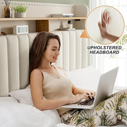 Queen Bed Frame with Headboard and Storage, Upholstered Queen Bed Frame with Storage, Queen Size Bed Frame with 2 Drawer