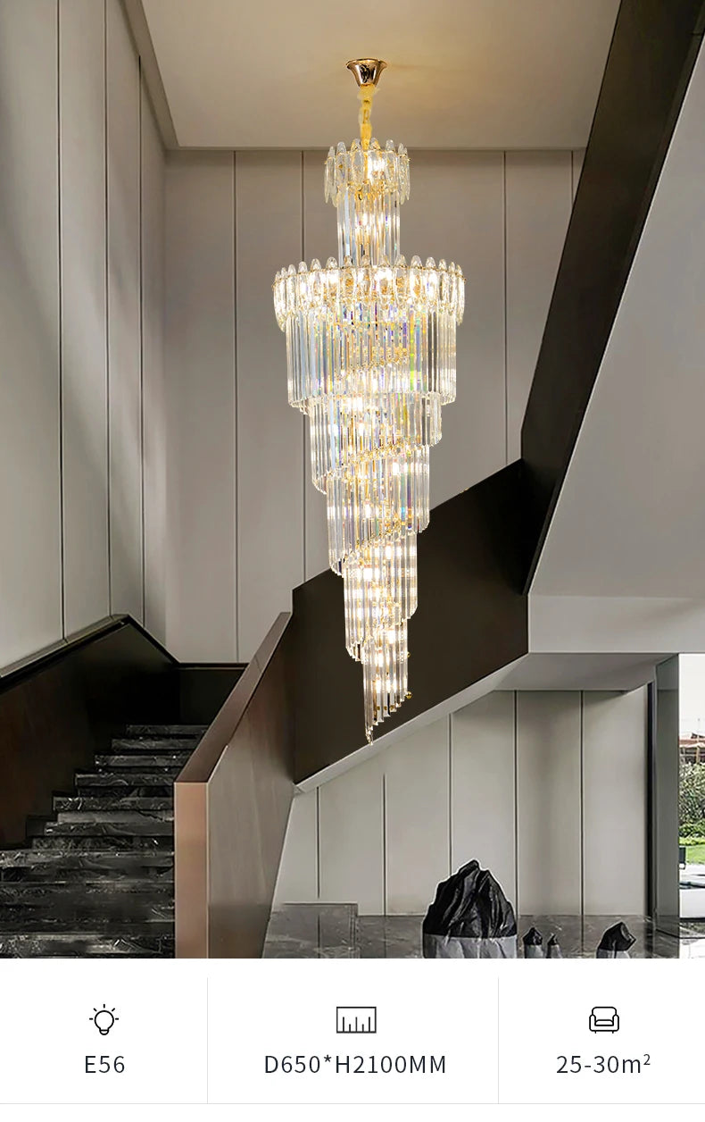 Post-Modern Duplex Villa Hall Crystal Chandelier Simple Light Luxury Jump Floor Floor Rotating Hollow Long Strip Crystal Chandel