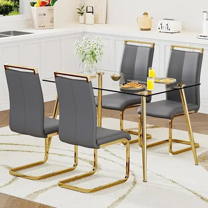 Glass Dining Table Set for 4,5 Piece Dining Table and Chairs Set，Modern Kitchen Dining Room Table with 4 Black PU Leather