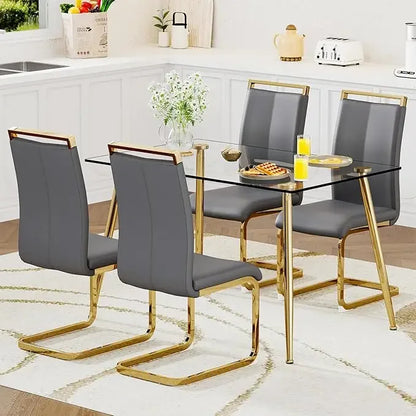Glass Dining Table Set for 4,5 Piece Dining Table and Chairs Set，Modern Kitchen Dining Room Table with 4 Black PU Leather