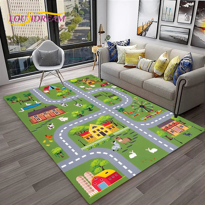 Child Playmat Traffic Highway City Playroom Carpet Rug for Home Living Room Bedroom Doormat Decor, Area Rug Non-slip Floor Mat