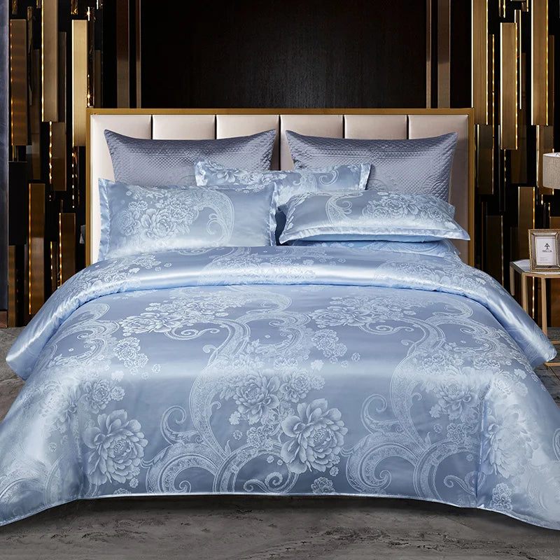 Floral Jacquard Satin Duvet Cover Set Queen 3 Piece Luxury Silk Like Bedding Comforter Covers with Zipper Closure & Corner Ties
