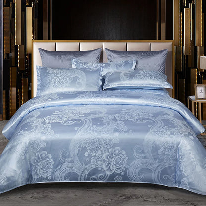 Floral Jacquard Satin Duvet Cover Set Queen 3 Piece Luxury Silk Like Bedding Comforter Covers with Zipper Closure & Corner Ties
