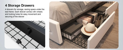 Queen Size Bed Frame with 4 Drawers and Adjustable LED Headboard,PU Leather Upholstered Platform Storage Bed w/Charging Station