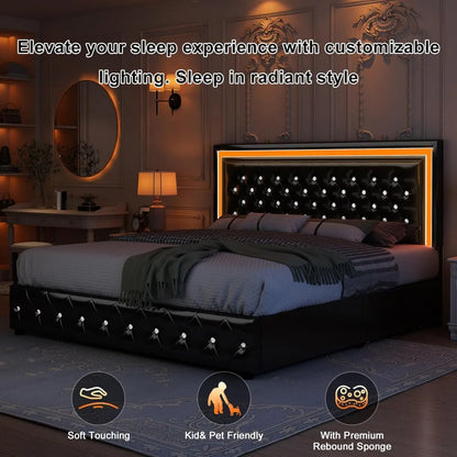 King Bed Frame with LED Lights, Storage Drawers, No Box Spring Needed, 900 lbs Capacity, Easy Assembly, bedroom furniture White