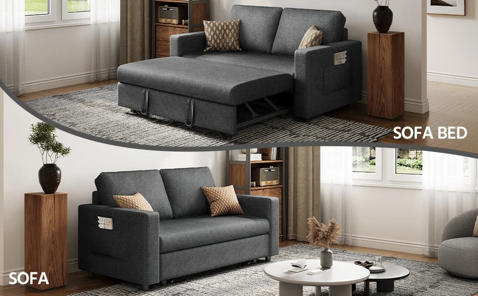 55.5 in Convertible Sofa Bed，Trundle Loveseat W/Pull-Out Trundle Bed Sleeper Sofa，for Living Room Bedroom，Convertible Couch