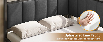 Modern Corner Bed Frame with LED Lights and Charging Station, Double Bed with Storage Space