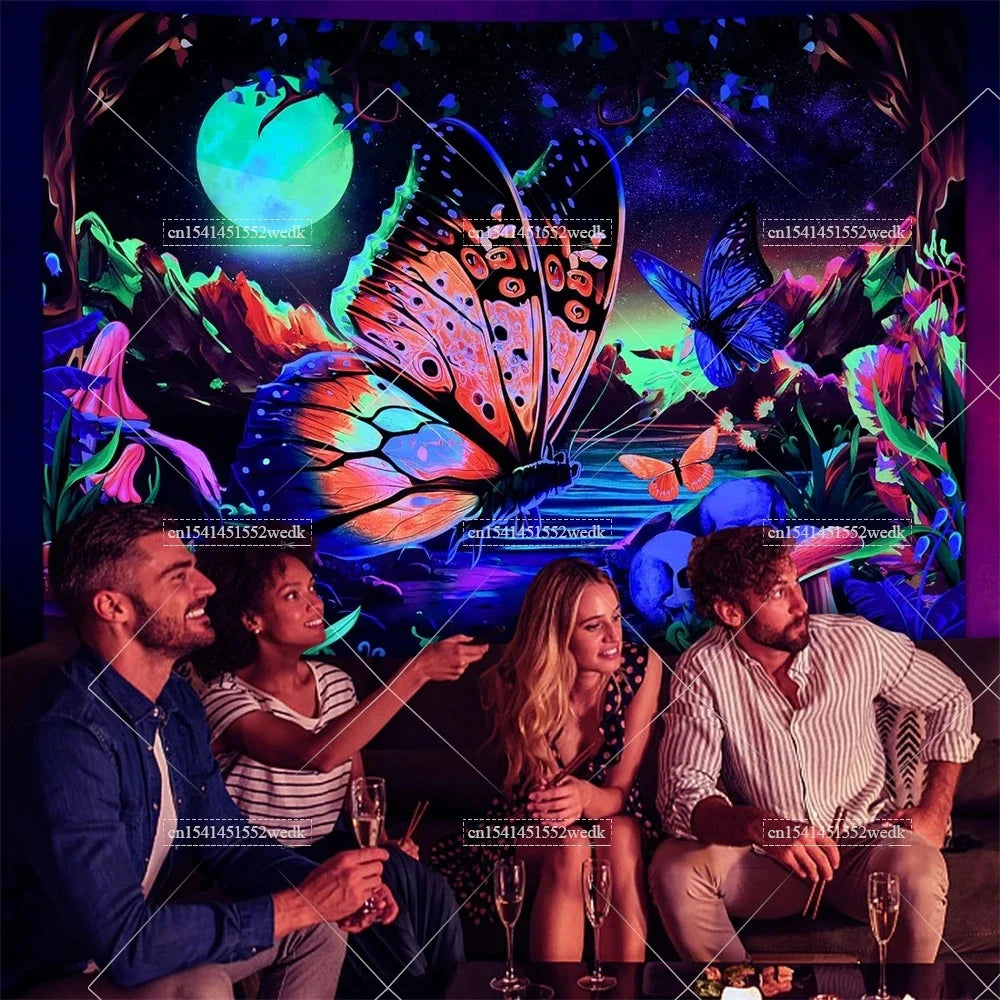 Blacklight Mushroom Tapestry UV Reactive Hippie Skull Tapestries Wall Hanging Eyes Forest Tapestry Glow In The Dark Posters
