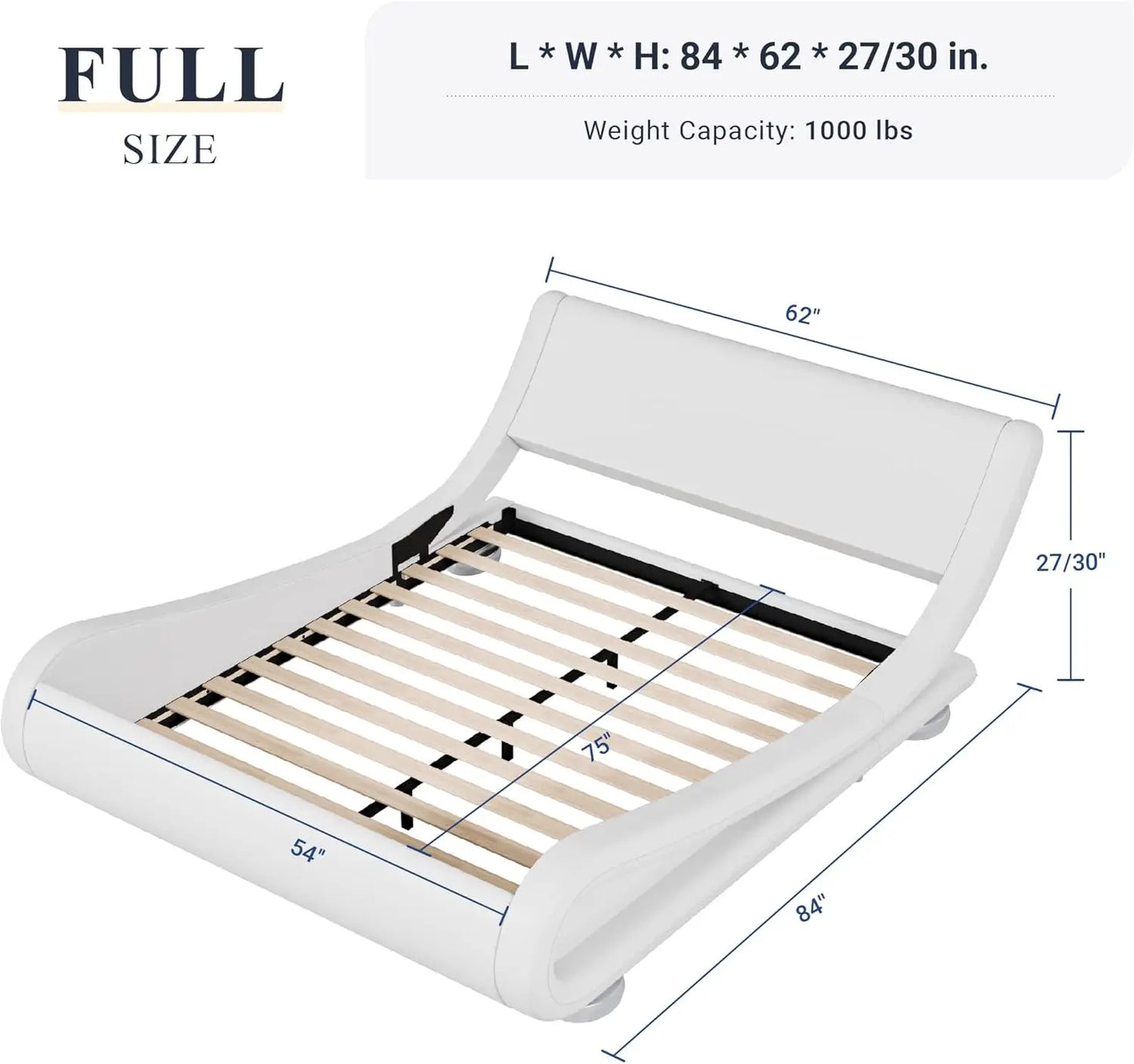 Upholstered Platform Bed Frame with Ergonomic & Adjustable Headboard, Modern Low Profile Sleigh Design