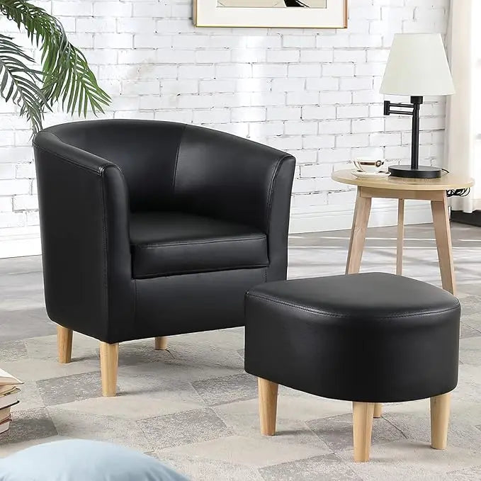 Mid Century Modern Barrel Comfy Fabric Armchair and Footrest Set, Upholstered Club Tub Round Arms Chair for Living Room Bedroom