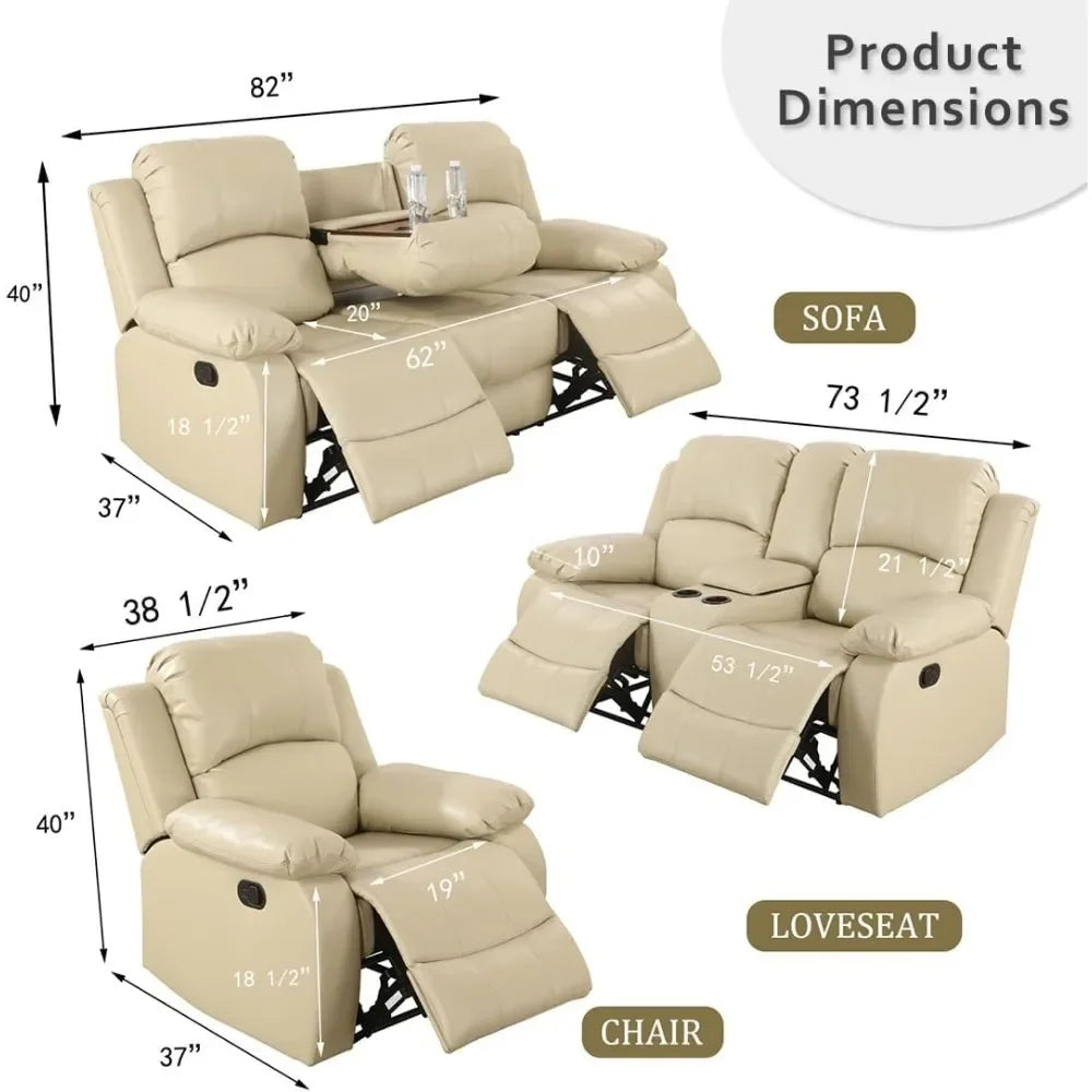 Beige Recliner Sofa Set, Manual Reclining Sofa Living Room Furniture Sets Bonded Leather Reclining sofas(Beige, 3PCS Set)