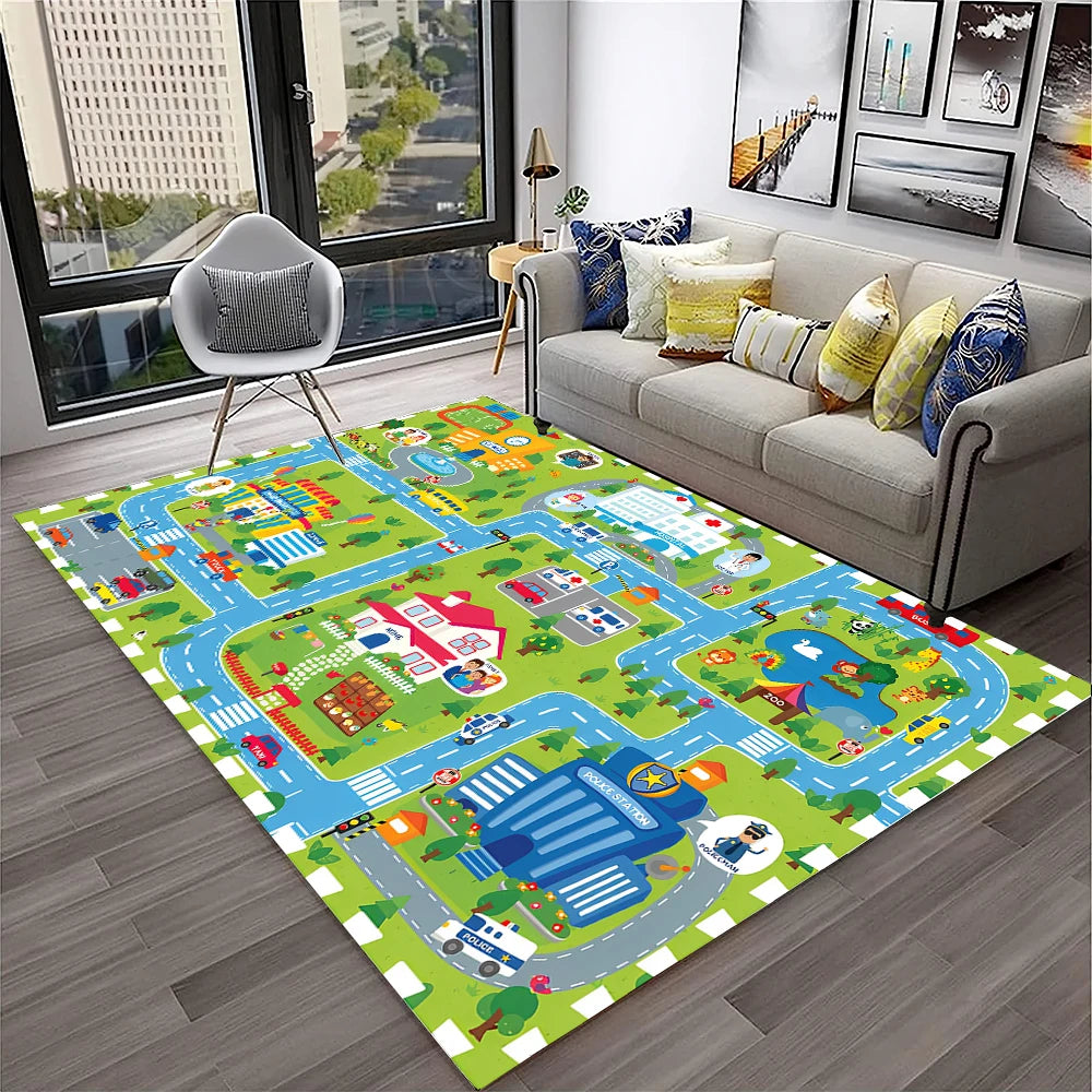 Child Playmat Traffic Highway City Playroom Carpet Rug for Home Living Room Bedroom Doormat Decor, Area Rug Non-slip Floor Mat