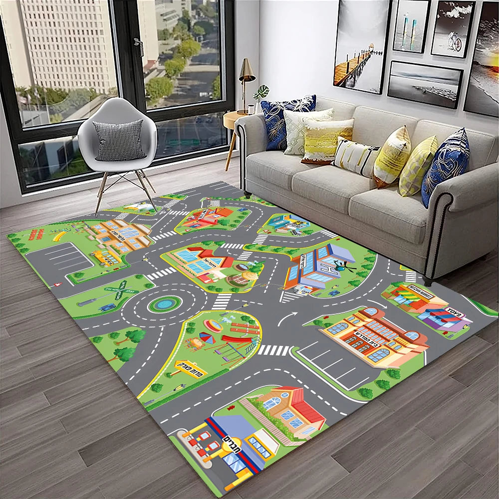Child Playmat Traffic Highway City Playroom Carpet Rug for Home Living Room Bedroom Doormat Decor, Area Rug Non-slip Floor Mat