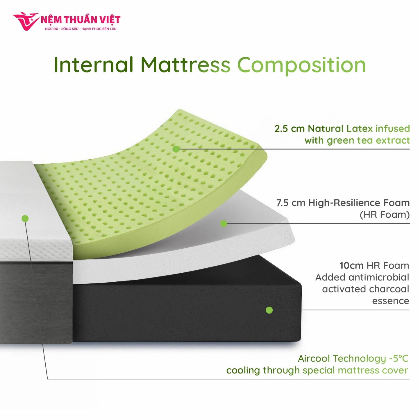 King Size Skin-Friendly Eco Friendly Massage Hybrid Natural Latex With Memory Foam Mattress Elastic Hotels Factory in VietNam