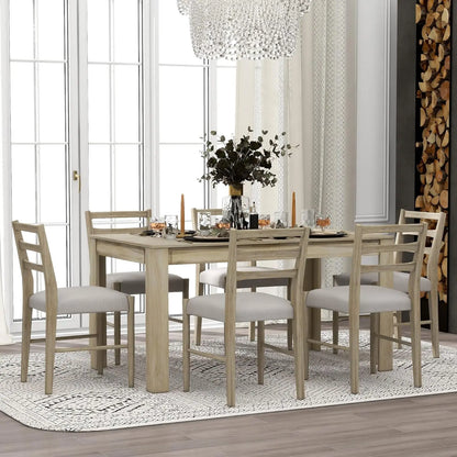 6 Pieces Dining Table Set with Bench, Rectangle Dining Table with 4 Upholstered Chairs & A Bench, Rubber Wood Dining Table Set