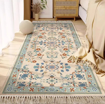 Morocco Bedroom Living Room Bedside Carpet Floor Mat Floral Kilim Cotton Linen Rectangular Rug Persian Tassel Carpet Tapis
