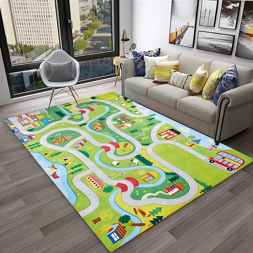 Child Playmat Traffic Highway City Playroom Carpet Rug for Home Living Room Bedroom Doormat Decor, Area Rug Non-slip Floor Mat