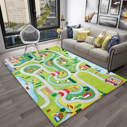 Child Playmat Traffic Highway City Playroom Carpet Rug for Home Living Room Bedroom Doormat Decor, Area Rug Non-slip Floor Mat